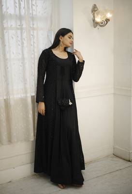 Black rayon gown with gorgette crochet embroidery shrug with fancy latkan 3