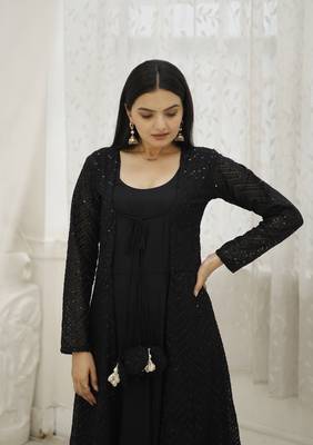 Black rayon gown with gorgette crochet embroidery shrug with fancy latkan 4