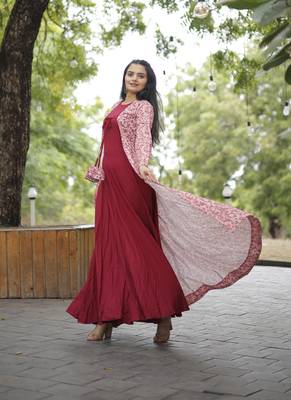 Pink rayon gown with gorgette crochet embroidery shrug with fancy latkan 1