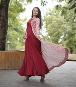 Pink rayon gown with gorgette crochet embroidery shrug with fancy latkan