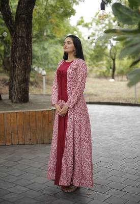 Pink rayon gown with gorgette crochet embroidery shrug with fancy latkan 3