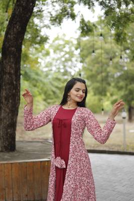 Pink rayon gown with gorgette crochet embroidery shrug with fancy latkan 4