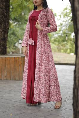Pink rayon gown with gorgette crochet embroidery shrug with fancy latkan 5