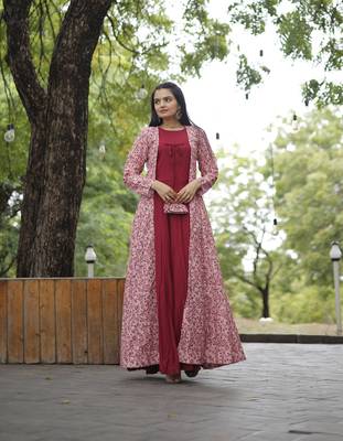 Pink rayon gown with gorgette crochet embroidery shrug with fancy latkan 2