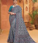 Grey colour Banarasi silk blend kachhi work saree with blouse