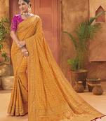 Mustard Colour Banarasi silk blend Kachhi Work Saree With Blouse