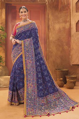 Navy blue colour Banarasi silk blend kachhi work saree with blouse