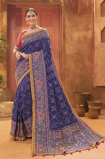 Navy blue colour Banarasi silk blend kachhi work saree with blouse