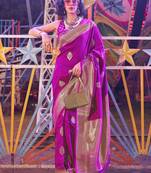 Purple Colour Handloom Silk Blend Zari Woven Saree With Blouse