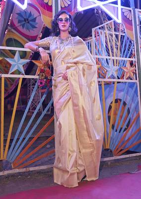 Beige Colour Handloom silk blend Zari Woven Saree With Blouse 1