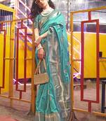 Teal Colour Handloom Silk Blend Zari Woven Saree With Blouse