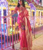 Pink Colour Handloom Silk Blend Zari Woven Saree With Blouse