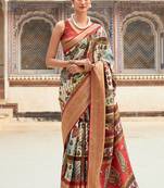 Off White Colour Viscose Silk Blend Printed And Woven Saree With Blouse