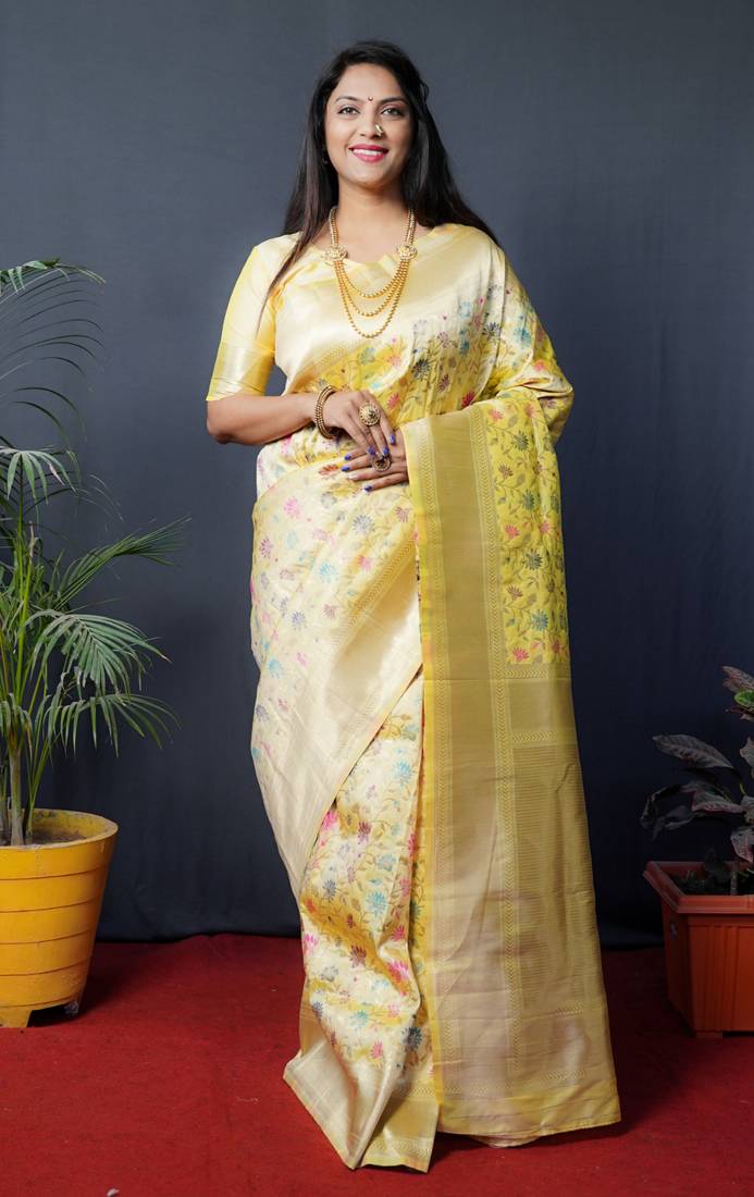 YELLOW Fresh Designer Banarasi SILK Saree With Silk Blouse