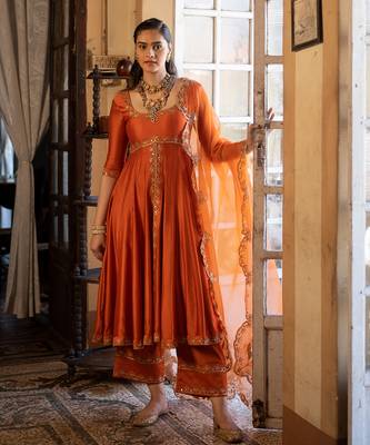 Orange Silk Resham Embroidered Anarkali Suit Set - Stitched 1