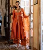 Orange Silk Resham Embroidered Anarkali Suit Set - Stitched