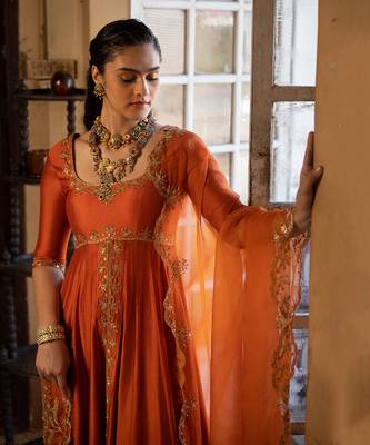 Orange Silk Resham Embroidered Anarkali Suit Set - Stitched 2