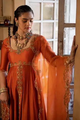 Orange Silk Resham Embroidered Anarkali Suit Set - Stitched