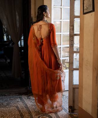 Orange Silk Resham Embroidered Anarkali Suit Set - Stitched 3