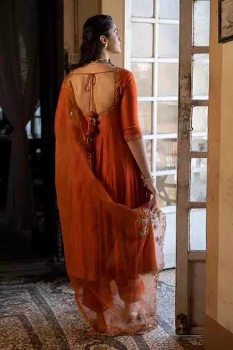 Orange Silk Resham Embroidered Anarkali Suit Set - Stitched