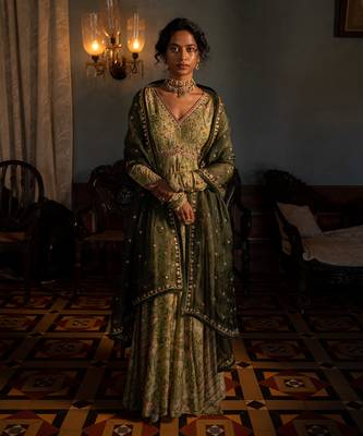 Sage Green Cotton Silk with Floral Embroidery and Mirror Work Anarkali Set 1