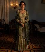 Sage Green Cotton Silk with Floral Embroidery and Mirror Work Anarkali Set