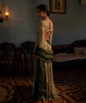 Sage Green Cotton Silk with Floral Embroidery and Mirror Work Anarkali Set 2
