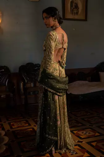 Sage Green Cotton Silk with Floral Embroidery and Mirror Work Anarkali Set