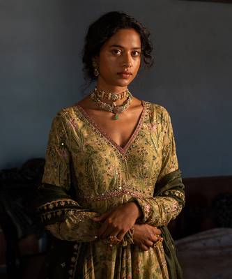 Sage Green Cotton Silk with Floral Embroidery and Mirror Work Anarkali Set 4