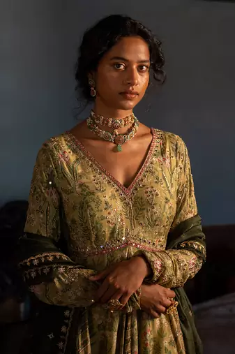 Sage Green Cotton Silk with Floral Embroidery and Mirror Work Anarkali Set