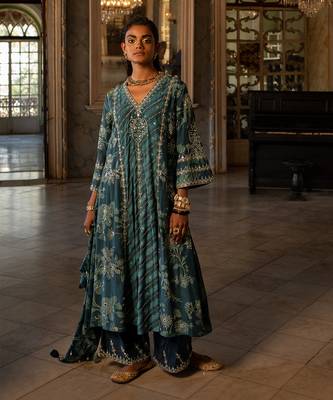 Nigam teal blue printed kurta set 1