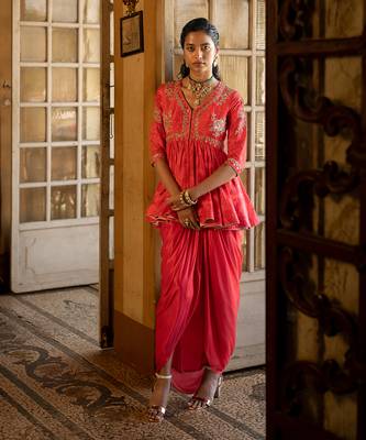 Sunehri Red Draped Skirt Set 1