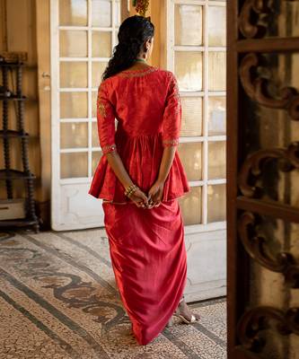 Sunehri Red Draped Skirt Set 3