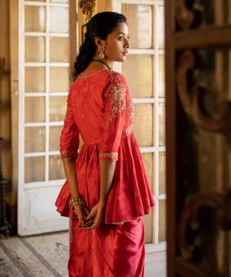 Sunehri Red Draped Skirt Set 4