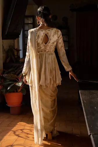 Varra Ivory Peplum Saree Set