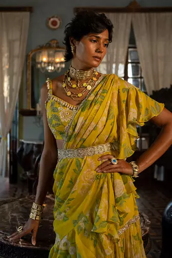 Safiya Yellow Ruffle Saree Set