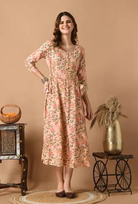 Pink floral printed work rayon anarkali kurta 1