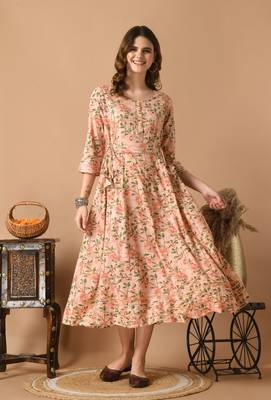 Pink floral printed work rayon anarkali kurta 3