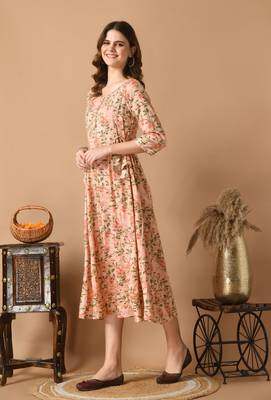 Pink floral printed work rayon anarkali kurta 4