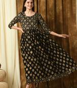 Black ethnic motif printed work rayon anarkali kurta