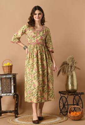 Yellow floral printed work with mirror work cotton anarkali kurta 1
