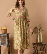 Yellow floral printed work with mirror work cotton anarkali kurta