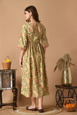 Yellow floral printed work with mirror work cotton anarkali kurta 2