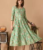 Terquoise floral printed work rayon anarkali kurta
