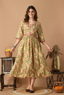 Yellow floral printed work with mirror work cotton anarkali kurta 3