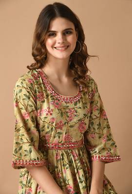Yellow floral printed work with mirror work cotton anarkali kurta 4
