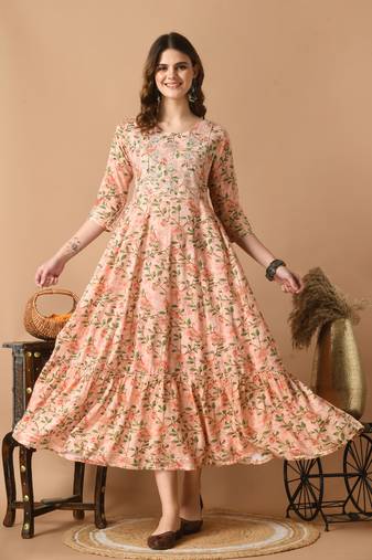 Pink floral printed with embroidered work rayon anarkali kurta