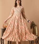 Pink floral printed with embroidered work rayon anarkali kurta