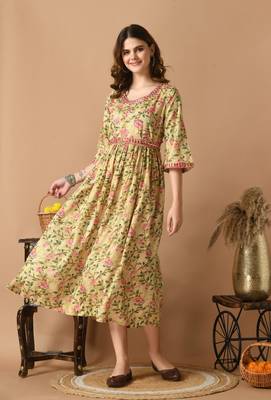Yellow floral printed work with mirror work cotton anarkali kurta 5