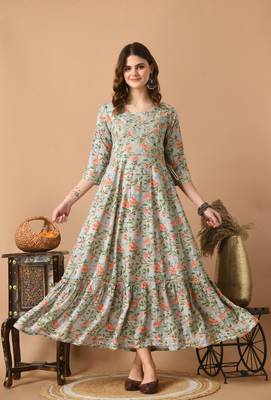Grey floral printed with embroidered work rayon anarkali kurta 1